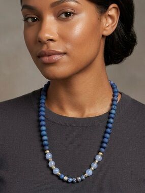 NEW Mary Kent Designs Blue Matte Agate, Glass, and Imperial Jasper Necklace, 24”
